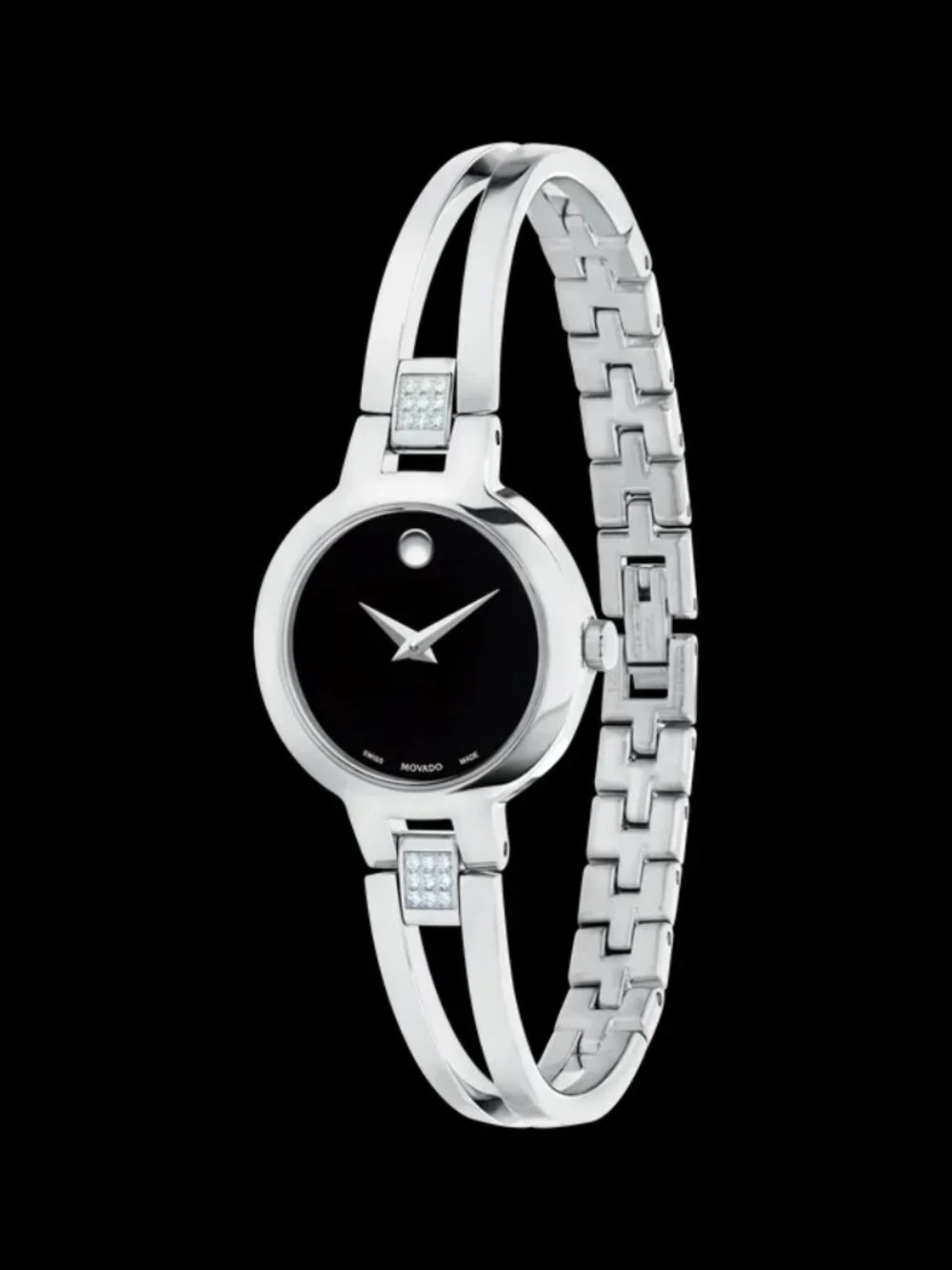 BRAND NEW Movado Amorosa Diamond Silver Tone Black Dial Watch w/Box (SRP $995)
